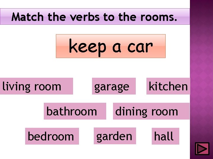 Match the verbs to the rooms. keep a car living room garage bathroom bedroom