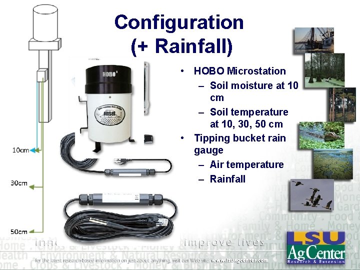 Configuration (+ Rainfall) • HOBO Microstation – Soil moisture at 10 cm – Soil