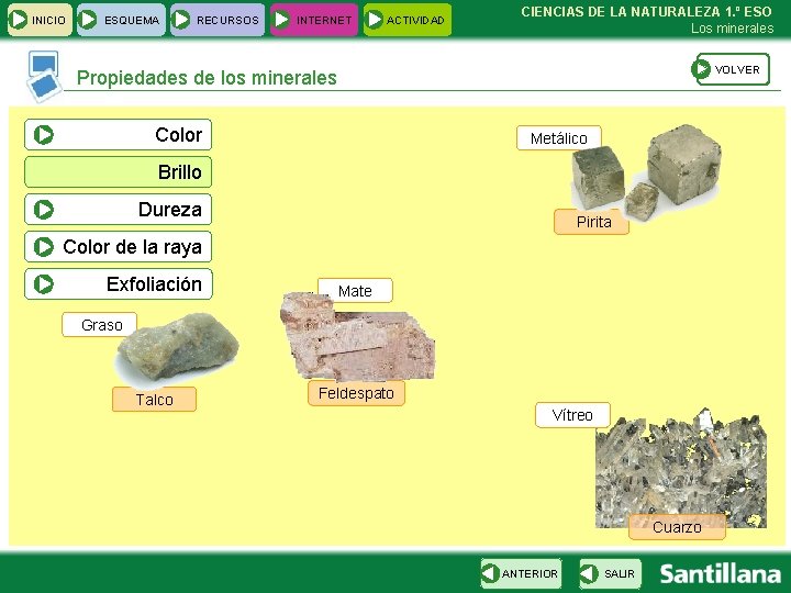 INICIO ESQUEMA RECURSOS INTERNET ACTIVIDAD CIENCIAS DE LA NATURALEZA 1. º ESO Los minerales