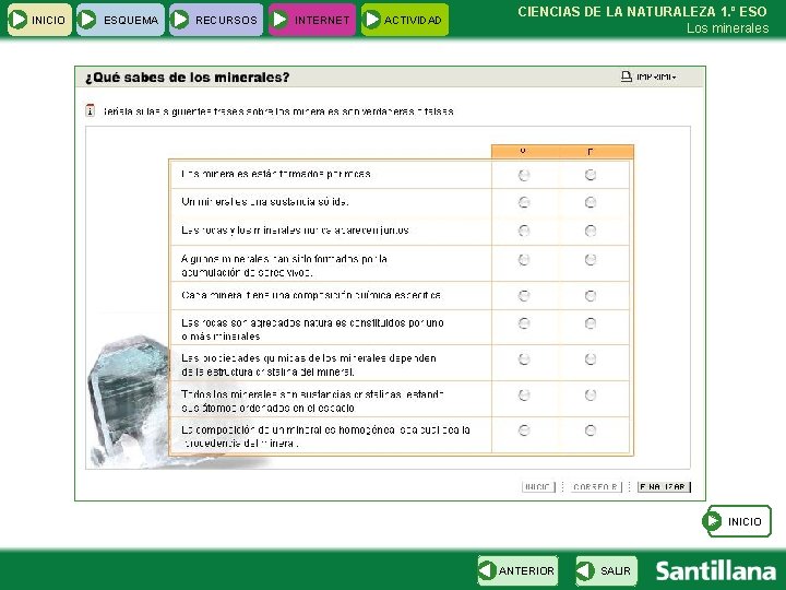 INICIO ESQUEMA RECURSOS INTERNET ACTIVIDAD CIENCIAS DE LA NATURALEZA 1. º ESO Los minerales