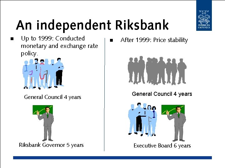 An independent Riksbank n Up to 1999: Conducted monetary and exchange rate policy. General