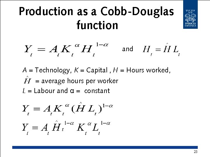 Production as a Cobb-Douglas function and A = Technology, K = Capital , H