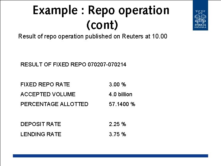 Example : Repo operation (cont) Result of repo operation published on Reuters at 10.