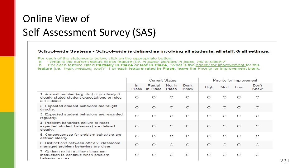 Online View of Self-Assessment Survey (SAS) V 2. 1 