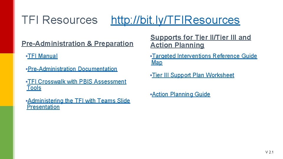 TFI Resources http: //bit. ly/TFIResources Pre-Administration & Preparation ▪TFI Manual ▪Pre-Administration Documentation ▪TFI Crosswalk