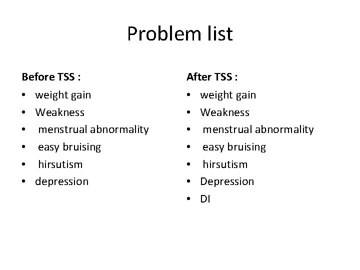 Problem list Before TSS : • • • weight gain Weakness menstrual abnormality easy