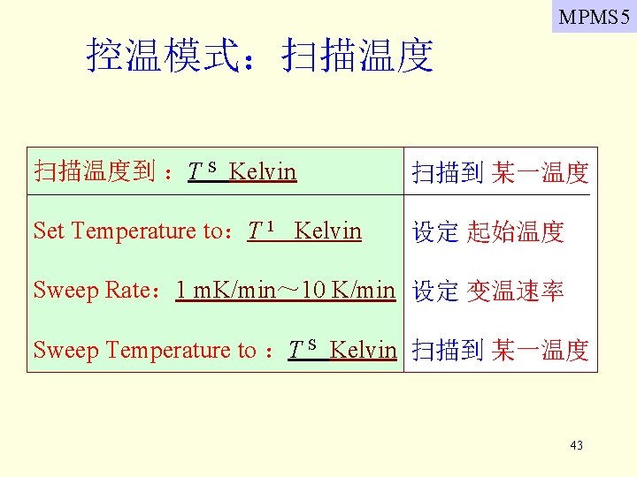 MPMS 5 控温模式：扫描温度到 ：T S Kelvin 扫描到 某一温度 Set Temperature to：T 1 Kelvin 设定
