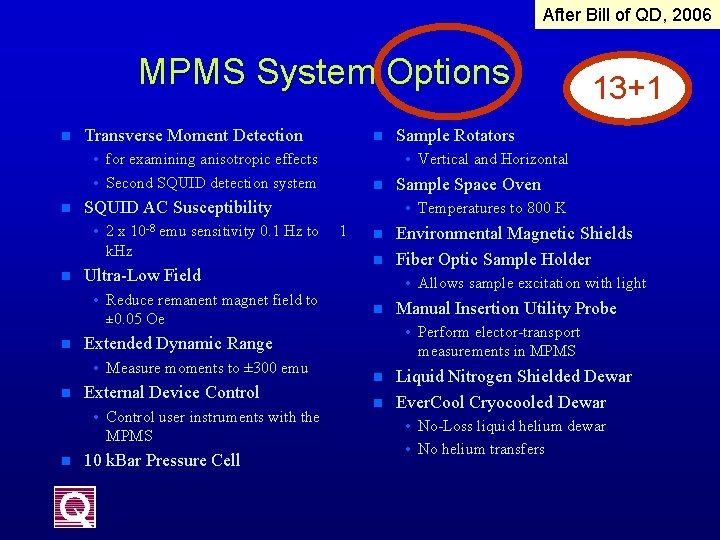 After Bill of QD, 2006 MPMS System Options n Transverse Moment Detection n •