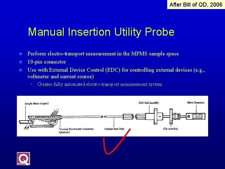 After Bill of QD, 2006 Manual Insertion Utility Probe n n n Perform electro-transport