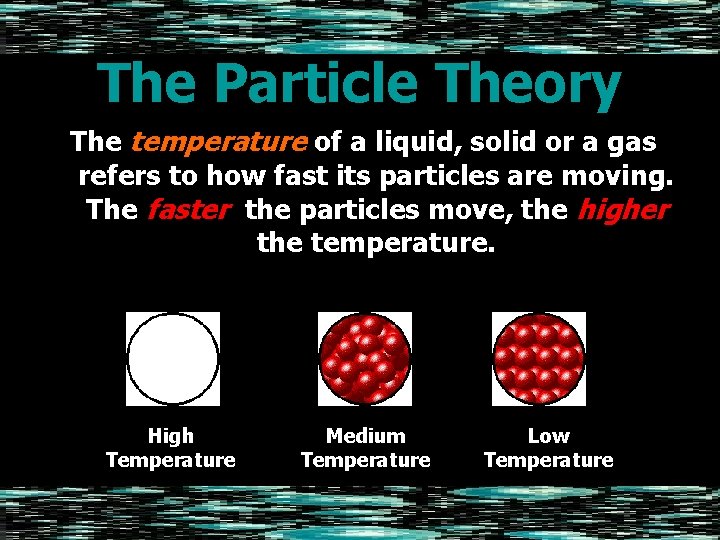 The Particle Theory The temperature of a liquid, solid or a gas refers to