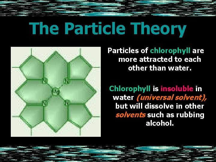 The Particle Theory Particles of chlorophyll are more attracted to each other than water.