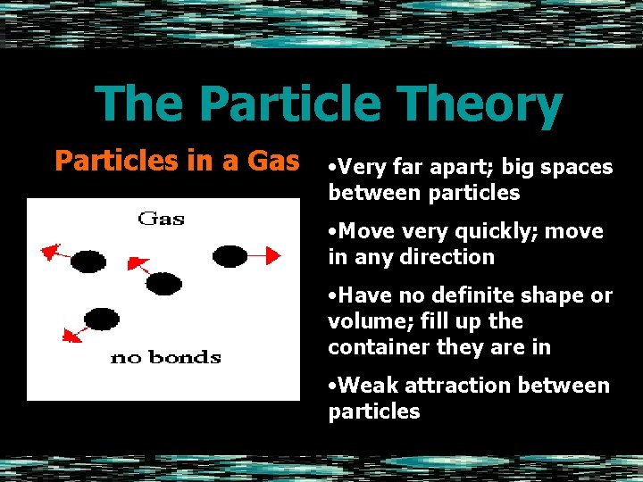 The Particle Theory Particles in a Gas • Very far apart; big spaces between