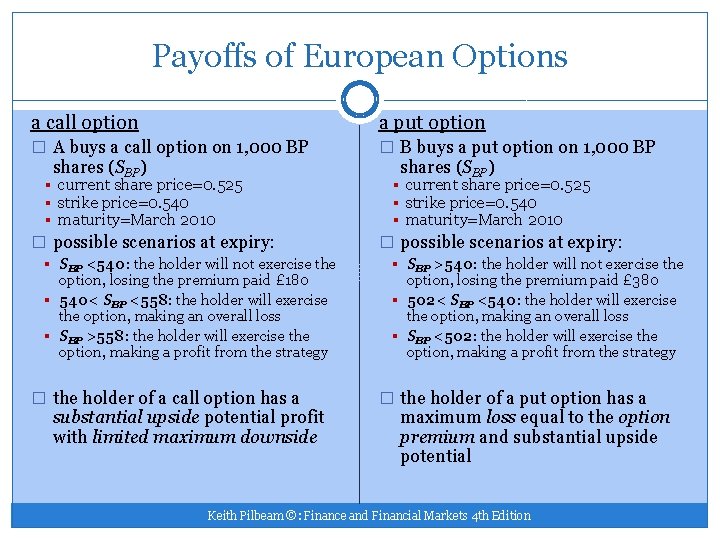 Payoffs of European Options a call option a put option � A buys a
