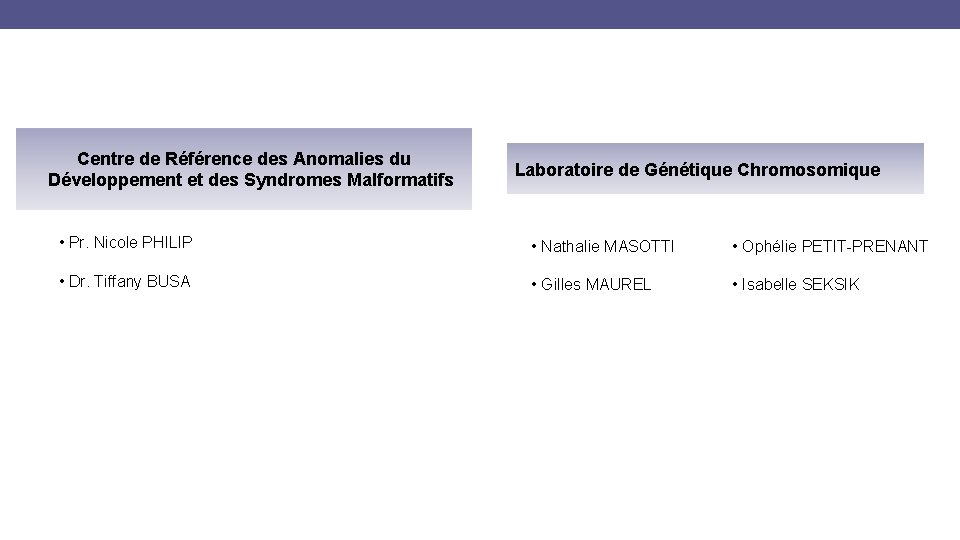 Centre de Référence des Anomalies du Développement et des Syndromes Malformatifs Laboratoire de Génétique