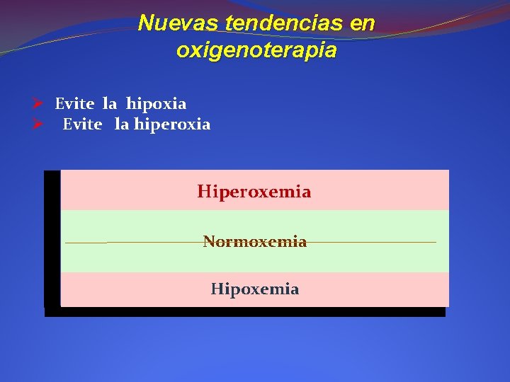 Nuevas tendencias en oxigenoterapia Ø Evite la hipoxia Ø Evite la hiperoxia Hiperoxemia Normoxemia