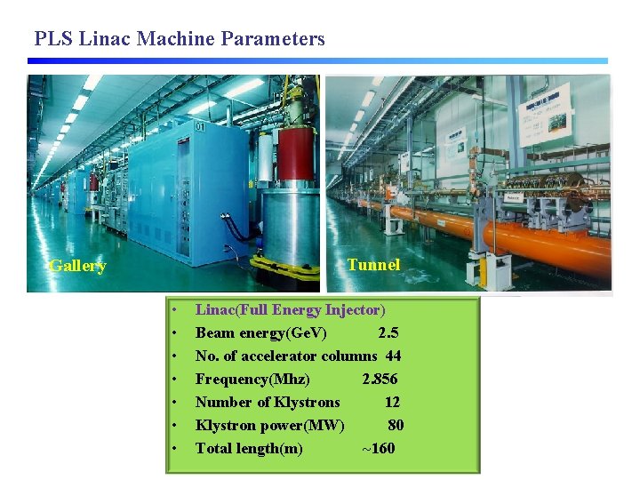 PLS Linac Machine Parameters Tunnel Gallery • • Linac(Full Energy Injector) Beam energy(Ge. V)