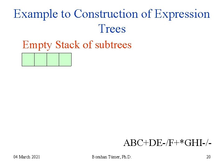 Example to Construction of Expression Trees Empty Stack of subtrees ABC+DE-/F+*GHI-/04 March 2021 Borahan Example to Construction of Expression Trees Empty Stack of subtrees ABC+DE-/F+*GHI-/04 March 2021 Borahan
