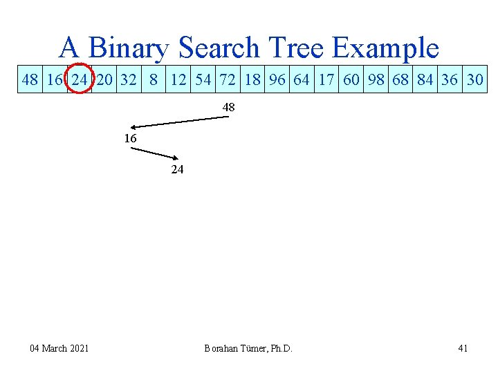 A Binary Search Tree Example 48 16 24 20 32 8 12 54 72 A Binary Search Tree Example 48 16 24 20 32 8 12 54 72