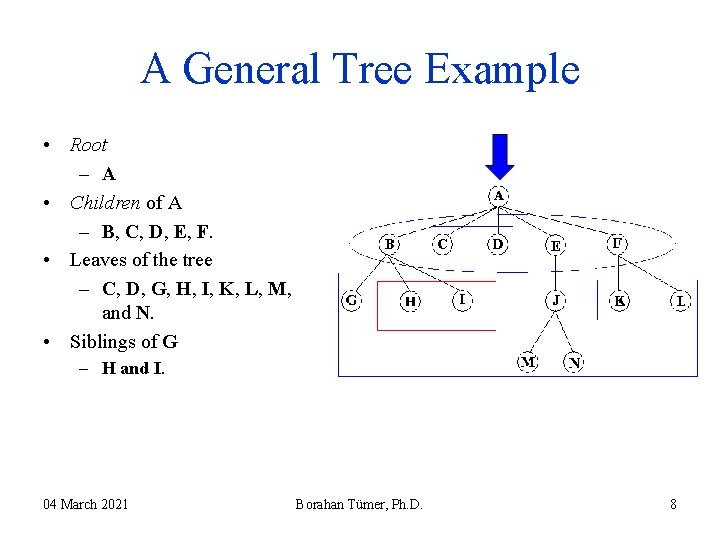 A General Tree Example • Root – A • Children of A – B, A General Tree Example • Root – A • Children of A – B,