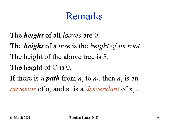 Remarks The height of all leaves are 0. The height of a tree is Remarks The height of all leaves are 0. The height of a tree is