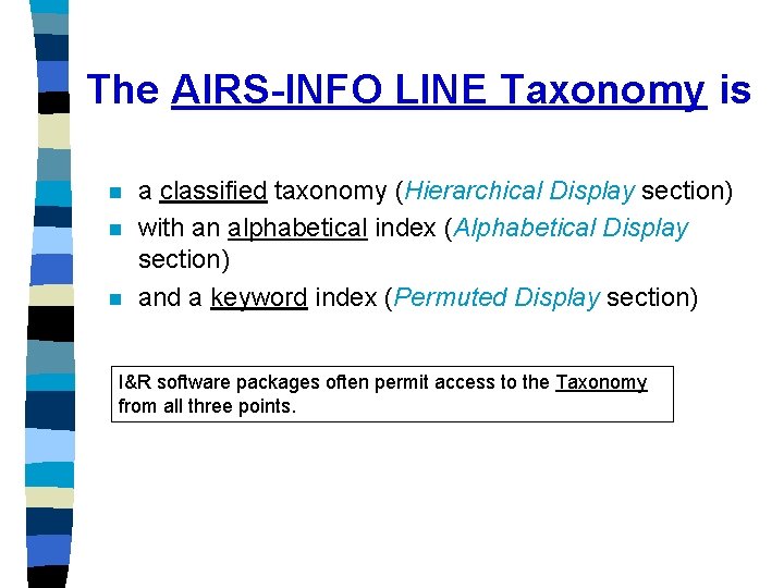 The AIRS-INFO LINE Taxonomy is n n n a classified taxonomy (Hierarchical Display section)