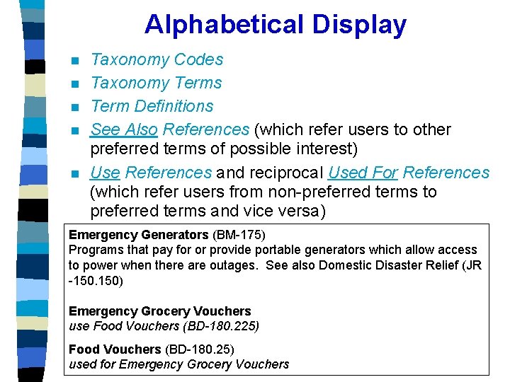 Alphabetical Display n n n Taxonomy Codes Taxonomy Terms Term Definitions See Also References