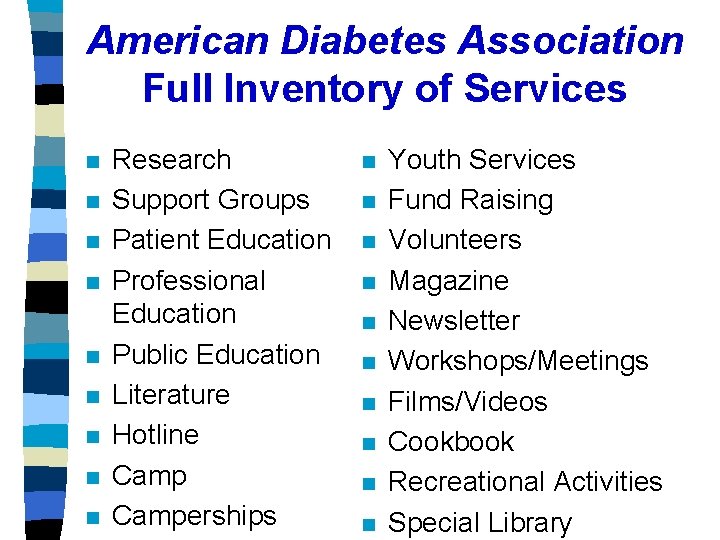 American Diabetes Association Full Inventory of Services n n n n n Research Support