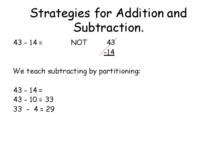 Strategies for Addition and Subtraction. 43 - 14 = NOT 43 -14 We teach