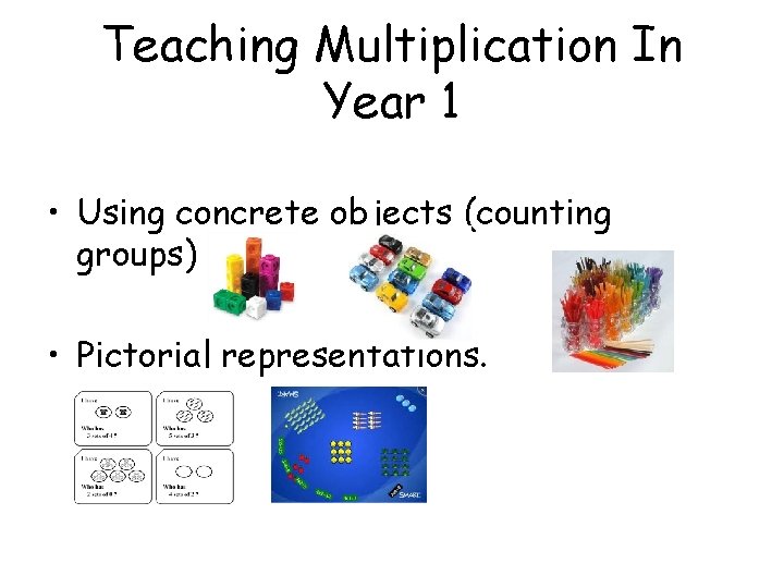 Teaching Multiplication In Year 1 • Using concrete objects (counting groups) • Pictorial representations. Teaching Multiplication In Year 1 • Using concrete objects (counting groups) • Pictorial representations.