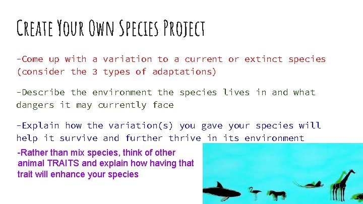 Create Your Own Species Project -Come up with a variation to a current or