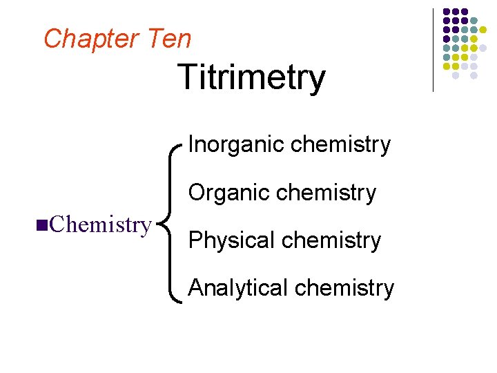 Chapter Ten Titrimetry Inorganic chemistry Organic chemistry n. Chemistry Physical chemistry Analytical chemistry 