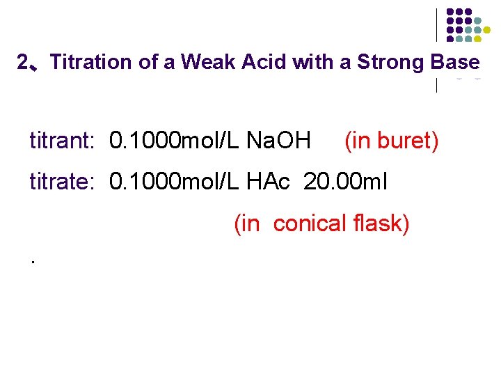  2、Titration of a Weak Acid with a Strong Base titrant: 0. 1000 mol/L