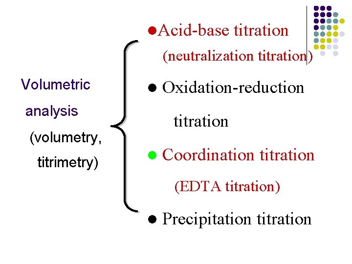 l. Acid-base titration (neutralization titration) Volumetric analysis (volumetry, titrimetry) l Oxidation-reduction titration l Coordination