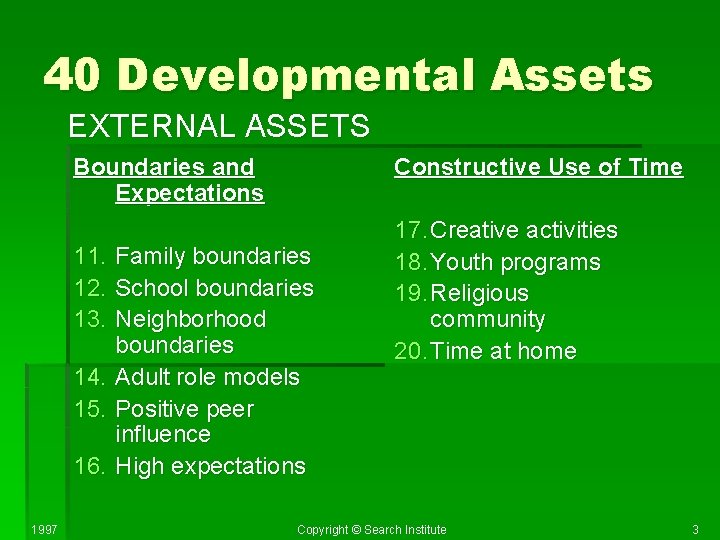 40 Developmental Assets EXTERNAL ASSETS Boundaries and Expectations Constructive Use of Time 11. Family