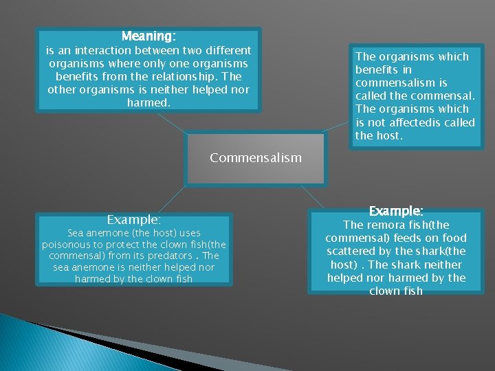 Meaning: is an interaction between two different organisms where only one organisms benefits from