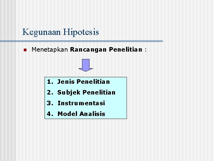 Kegunaan Hipotesis n Menetapkan Rancangan Penelitian : 1. Jenis Penelitian 2. Subjek Penelitian 3.