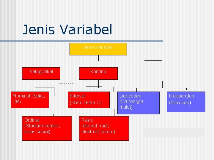 Jenis Variabel Jenis variabel Kategorikal Nominal (Seks, ras) Ordinal (Stadium kanker, kelas sosial) Kontinu