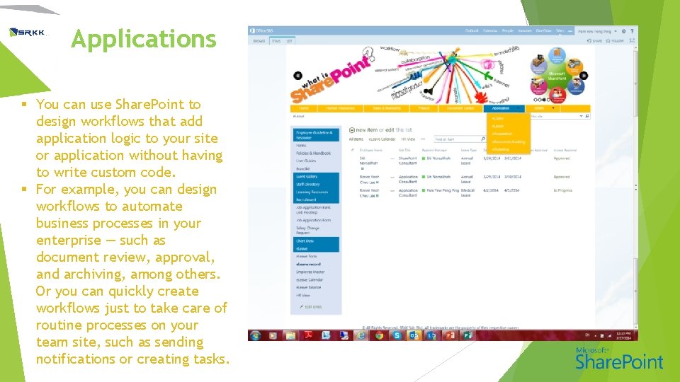 Applications § You can use Share. Point to design workflows that add application logic