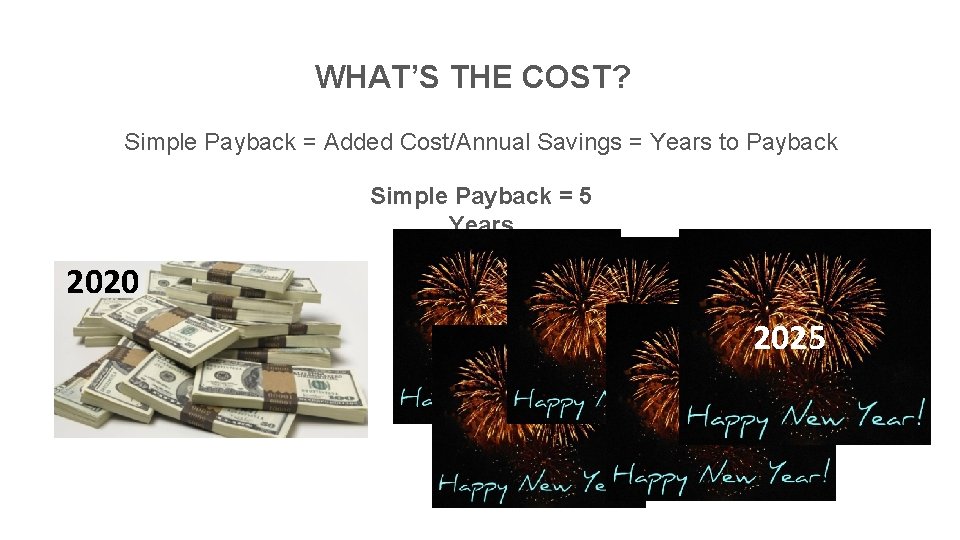 WHAT’S THE COST? Simple Payback = Added Cost/Annual Savings = Years to Payback Simple