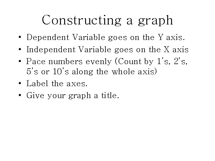 Constructing a graph • Dependent Variable goes on the Y axis. • Independent Variable