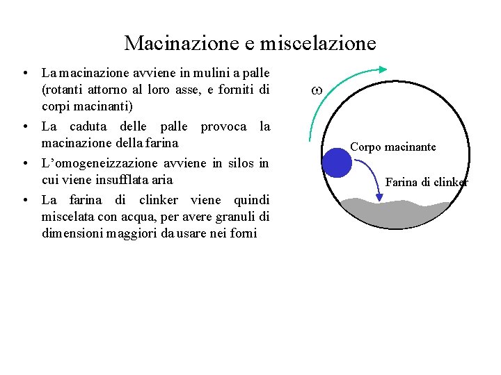 Macinazione e miscelazione • La macinazione avviene in mulini a palle (rotanti attorno al