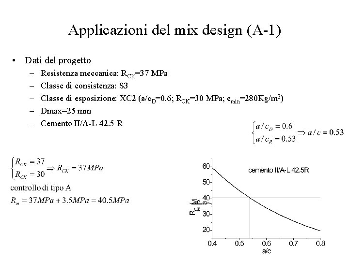 Applicazioni del mix design (A-1) • Dati del progetto – – – Resistenza meccanica: