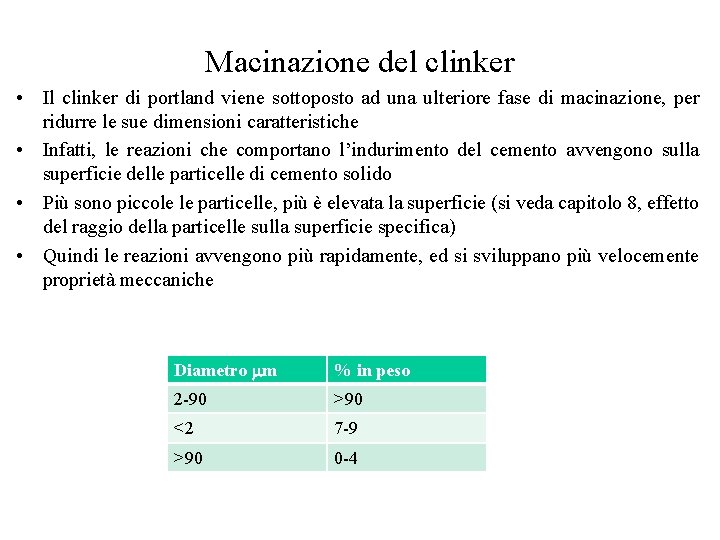 Macinazione del clinker • Il clinker di portland viene sottoposto ad una ulteriore fase
