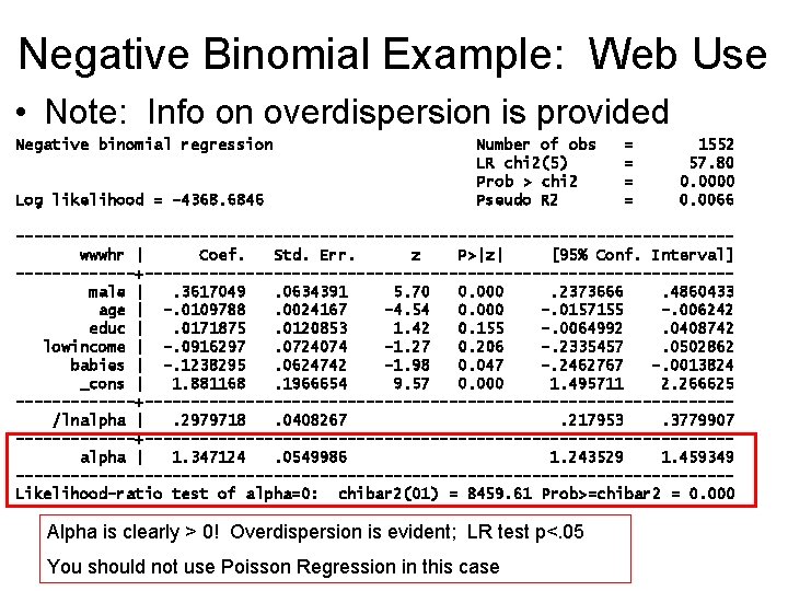 Negative Binomial Example: Web Use • Note: Info on overdispersion is provided Negative binomial