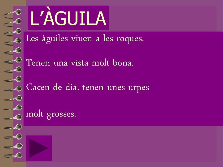 L’ÀGUILA Les àguiles viuen a les roques. Tenen una vista molt bona. Cacen de