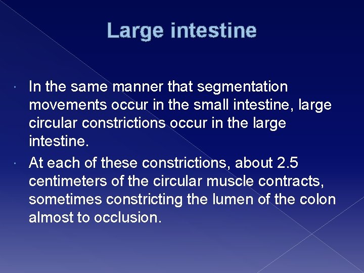Large intestine In the same manner that segmentation movements occur in the small intestine,
