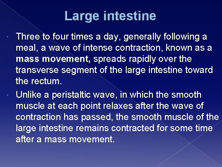 Large intestine Three to four times a day, generally following a meal, a wave