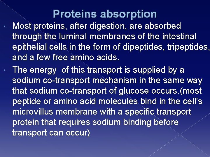 Proteins absorption Most proteins, after digestion, are absorbed through the luminal membranes of the