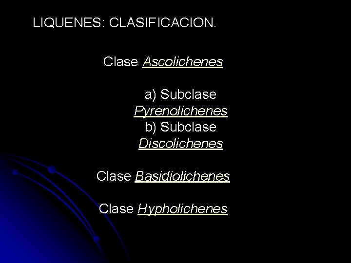 LIQUENES: CLASIFICACION. Clase Ascolichenes a) Subclase Pyrenolichenes b) Subclase Discolichenes Clase Basidiolichenes Clase Hypholichenes