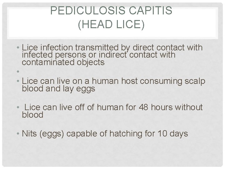 PEDICULOSIS CAPITIS (HEAD LICE) • Lice infection transmitted by direct contact with infected persons PEDICULOSIS CAPITIS (HEAD LICE) • Lice infection transmitted by direct contact with infected persons